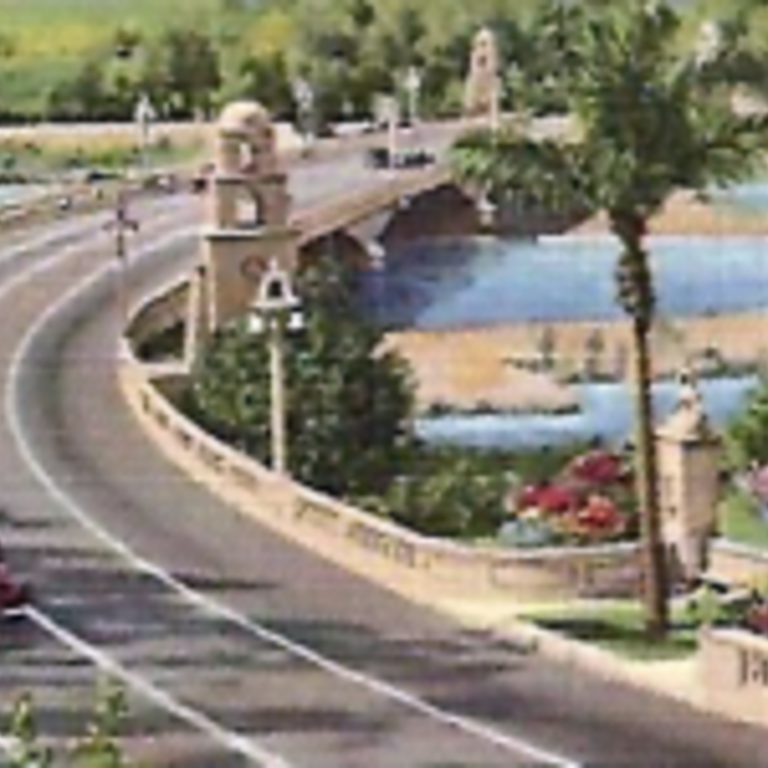 postcard rendering of the bridge over the Santa Ana River