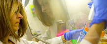 researcher placing chemicals in a test tube in a fume hood