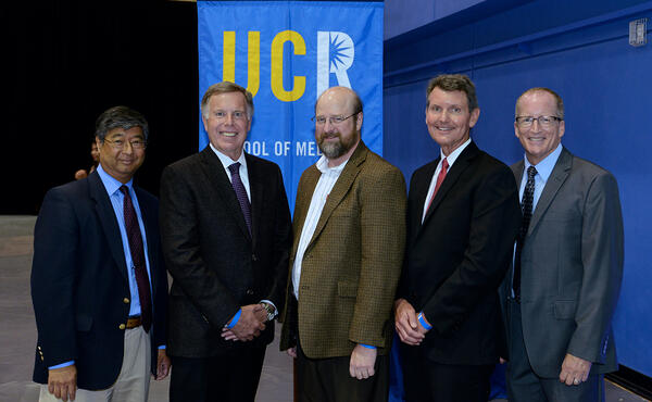 Members of the inaugural class of the UCR/UCLA Program in Biomedical Sciences at the first graduation ceremony for the UCR School of Medicine in 2017. 